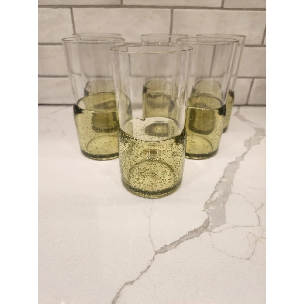 Pottery Barn Outdoor Picnic Acrylic Drinking Glasses Set of 6 Clear Green Bubble